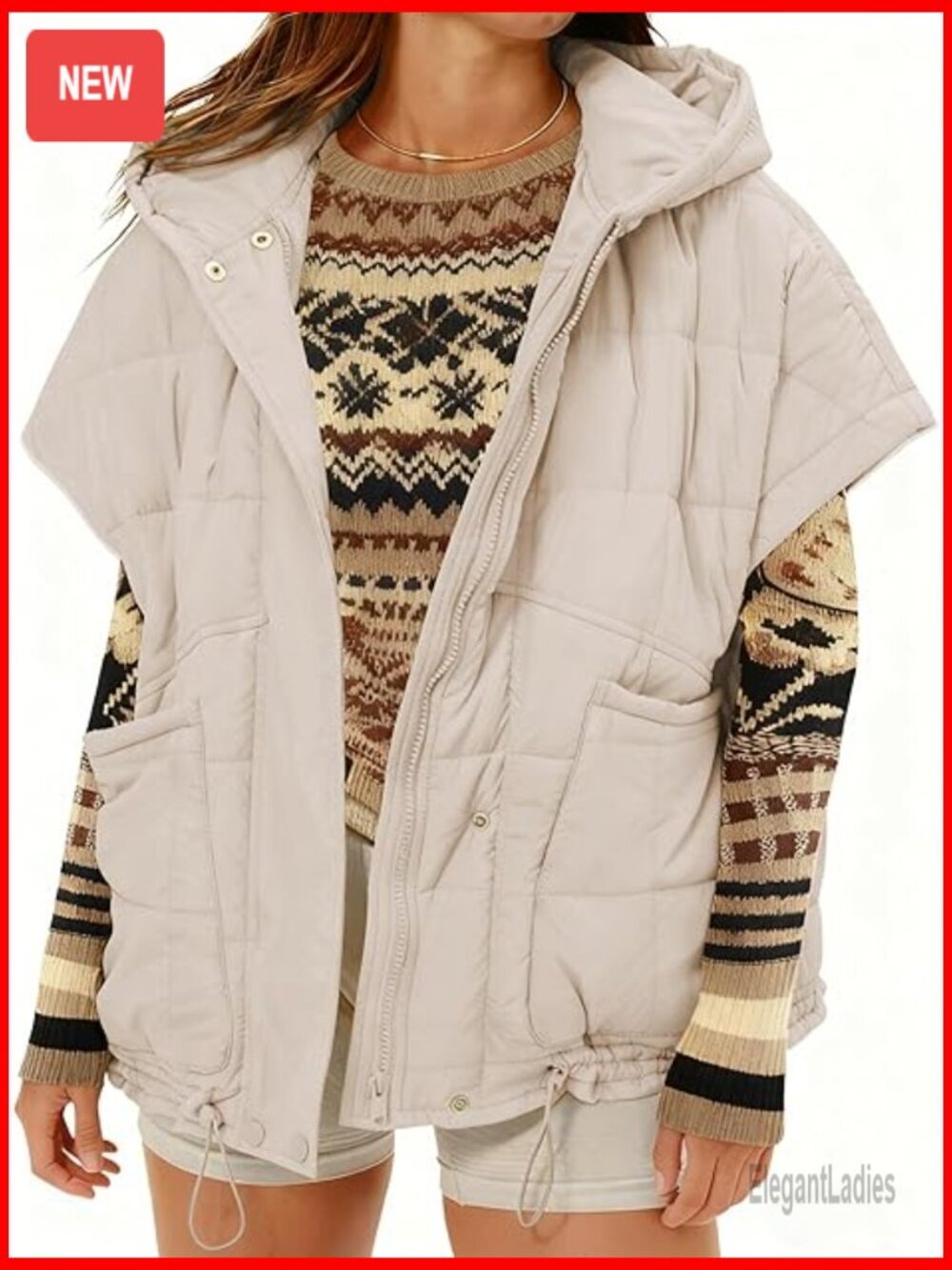 Quilted Puffer Vest Hooded Sleeveless Poncho Jacket Casual Outerwear